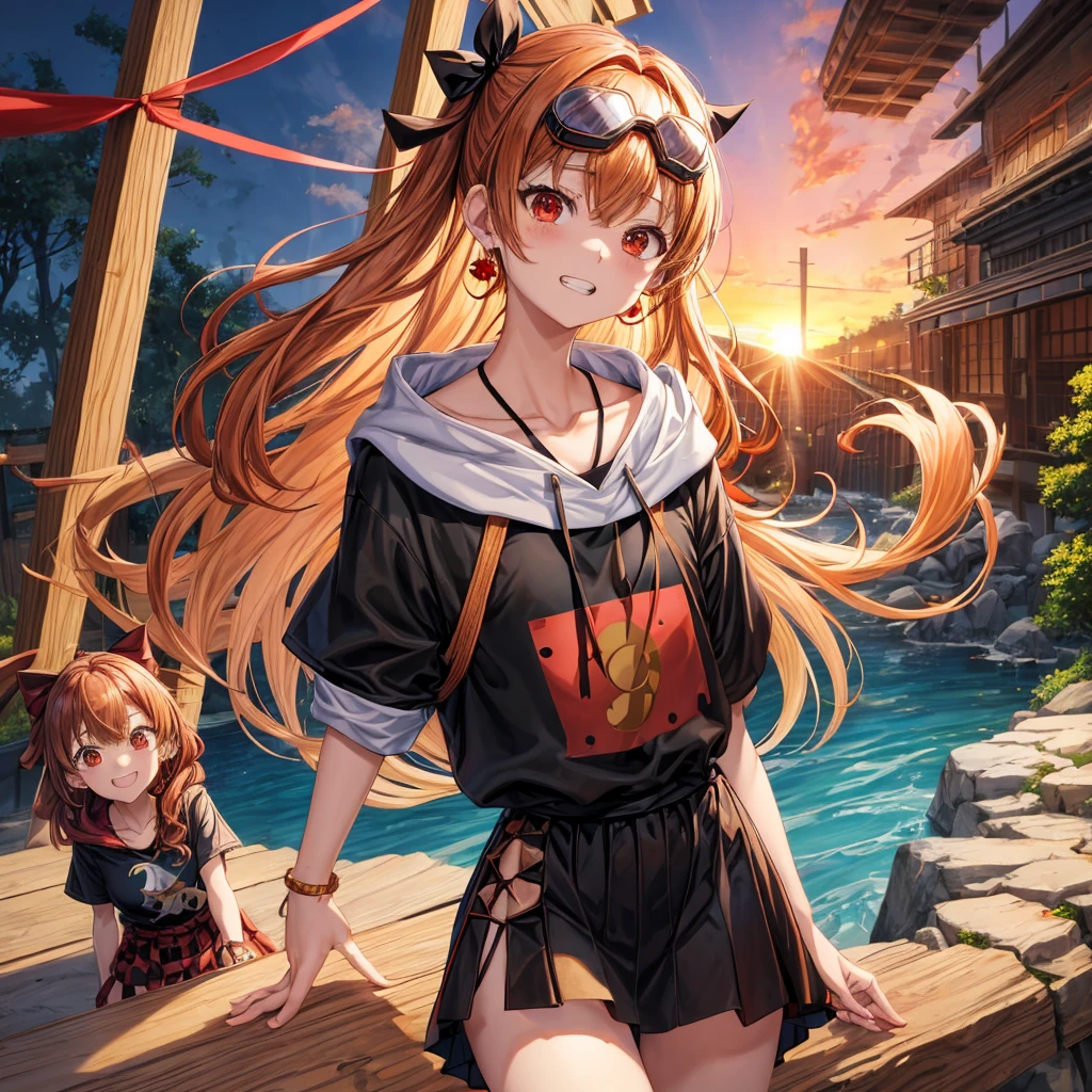 Brown, red, gold, golden hair、Red eyes、One good looking girl、solo、anime、Checkered mini skirt、Black camisole、Black T-shirt、hoodie、Wearing a ribbon、Ribbon on waist、Crystal Earrings、treasure石のネックレス、Light and shadow、Tilting face、Teeth are visible、waterfall、Kuroko、treasure、wearing goggles on head、Feather coat、tunnel、pylon、Sunset sky