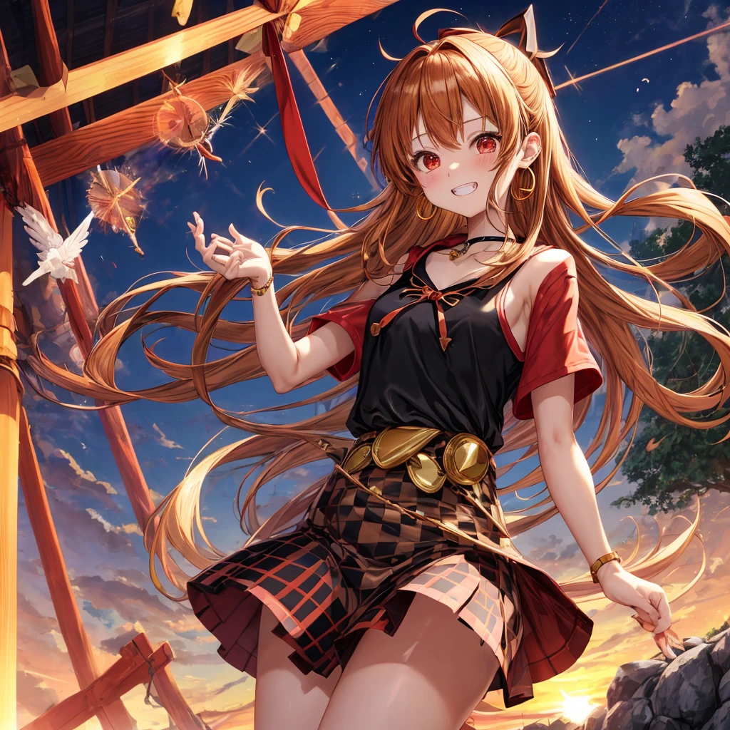 Brown, red, gold, golden hair、Red eyes、One good looking girl、solo、anime、Checkered mini skirt、Black camisole、Black T-shirt、hoodie、Wearing a ribbon、Ribbon on waist、Crystal Earrings、treasure石のネックレス、Light and shadow、Tilting face、Teeth are visible、waterfall、Kuroko、treasure、wearing goggles on head、Feather coat、tunnel、pylon、Sunset sky