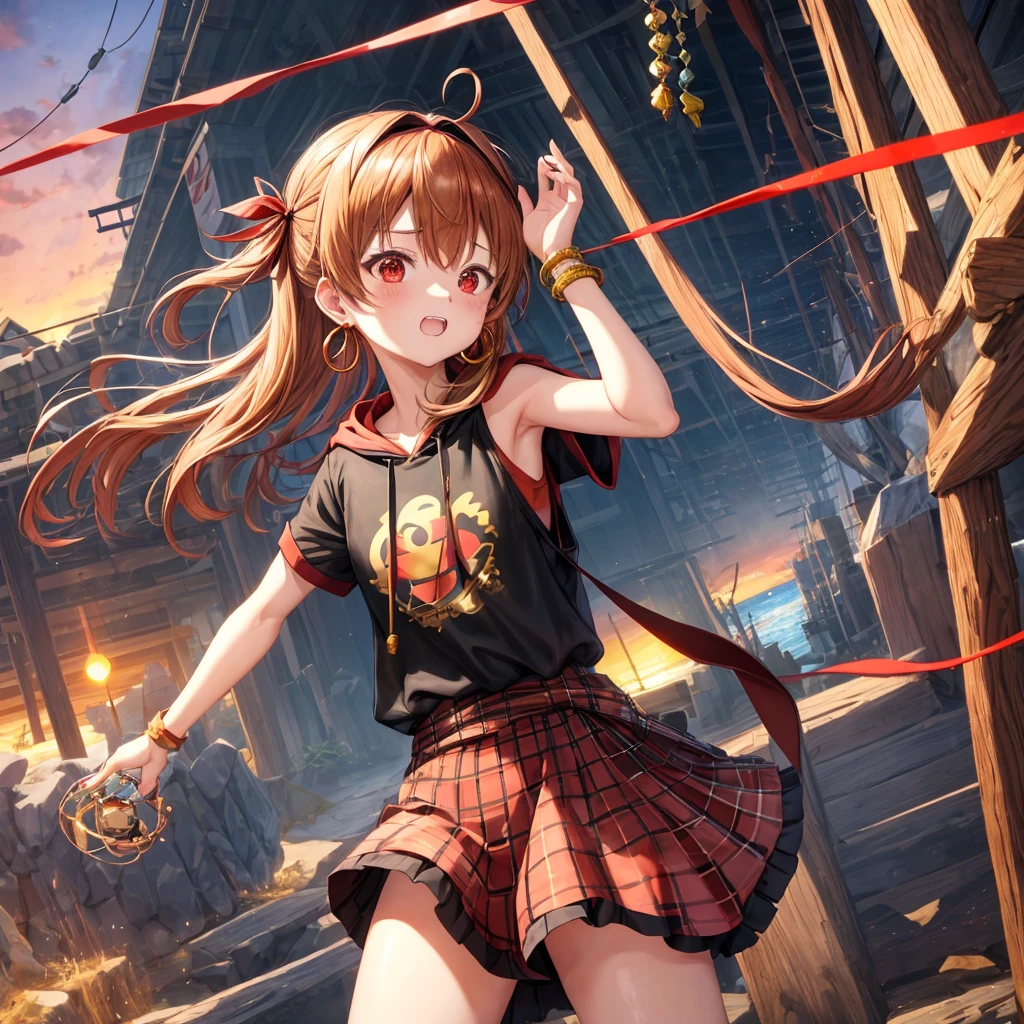 Brown, red, gold, golden hair、Red eyes、One good looking girl、solo、anime、Checkered mini skirt、Black camisole、Black T-shirt、hoodie、Wearing a ribbon、Ribbon on waist、Crystal Earrings、treasure石のネックレス、Light and shadow、Tilting face、Teeth are visible、waterfall、Kuroko、treasure、wearing goggles on head、Feather coat、tunnel、pylon、Sunset sky