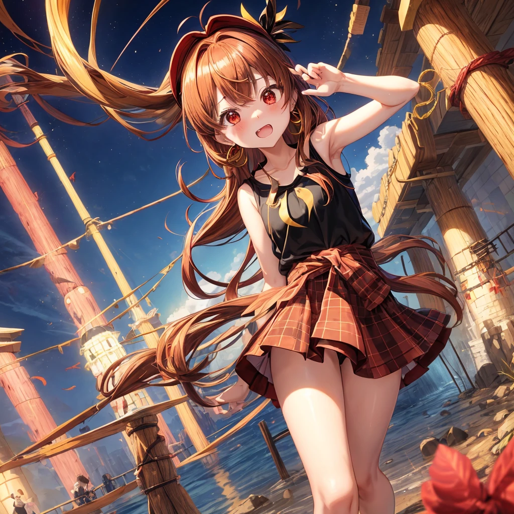 Brown, red, gold, golden hair、Red eyes、One good looking girl、solo、anime、Checkered mini skirt、Black camisole、Black T-shirt、hoodie、Wearing a ribbon、Ribbon on waist、Crystal Earrings、treasure石のネックレス、Light and shadow、Tilting face、Teeth are visible、waterfall、Kuroko、treasure、wearing goggles on head、Feather coat、tunnel、pylon、Sunset sky