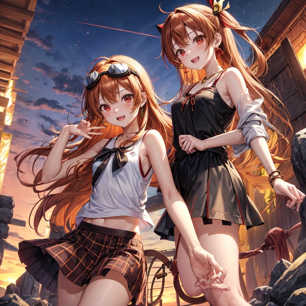 Brown, red, gold, golden hair、Red eyes、One good looking girl、solo、anime、Checkered mini skirt、Black camisole、Black T-shirt、hoodie、Wearing a ribbon、Ribbon on waist、Crystal Earrings、treasure石のネックレス、Light and shadow、Tilting face、Teeth are visible、waterfall、Kuroko、treasure、wearing goggles on head、Feather coat、tunnel、pylon、Sunset sky