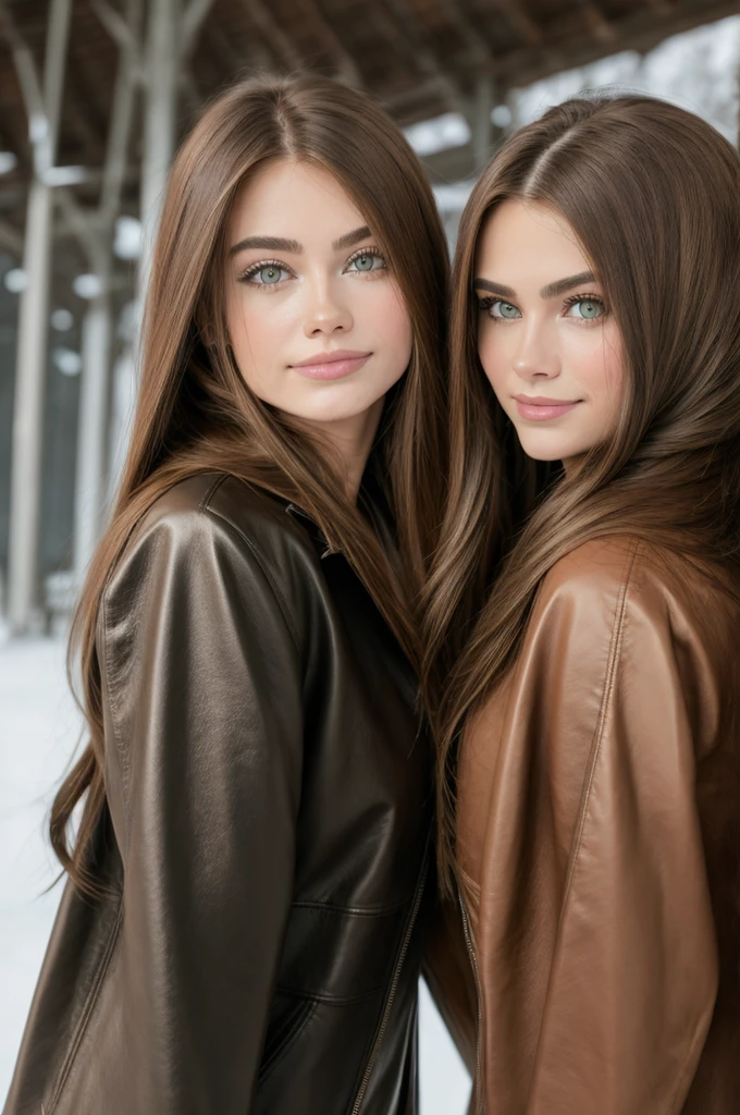 Professional photograph, best quality, 8K, hyper detailed, half body, A close up portrait of two gorgeous, beautiful, wonderful women, argentinian and russian females together posing for the camera, both women have super long hair, argentinian girl has brown hair and russian girl has dark blonde hair, the both of them are wearing winter clothing, both girls are wearing leather jackets. Both women are wonderful, dream, ethereal, timeless, majestic beauties from Argentina and Russia, they're glad, smiling and enjoying taking a picture