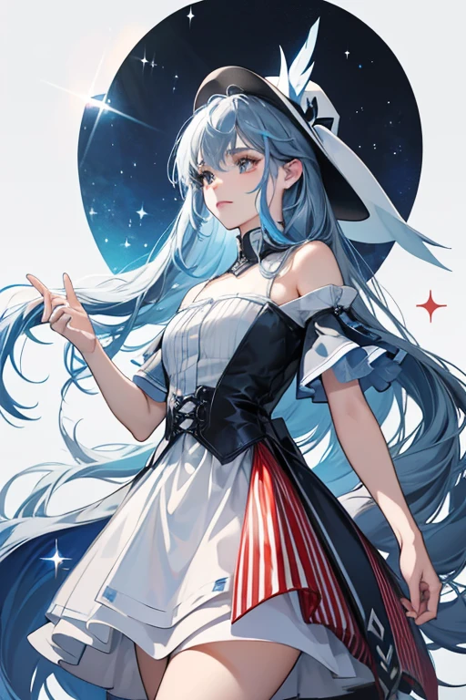 She is a blue-gray with lighter blue-gray fins who wears a white dress with a dark red skirt along with a white hat with black stripes. She also has a red "USA" painted on the sides of her face. SPARKLE; GLITTER