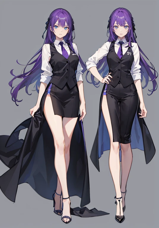 ((Perfect Face)),Purple Hair,voluminous long hair,1 female,bartender,suit,Black vest,Shirt with rolled up sleeves,tie,slit,High heels,,((Simple Background)),smile,((whole body)),((whole body)),Portraiture,virtual,upright,,Both arms are down,Standing upright with face and body facing forward,