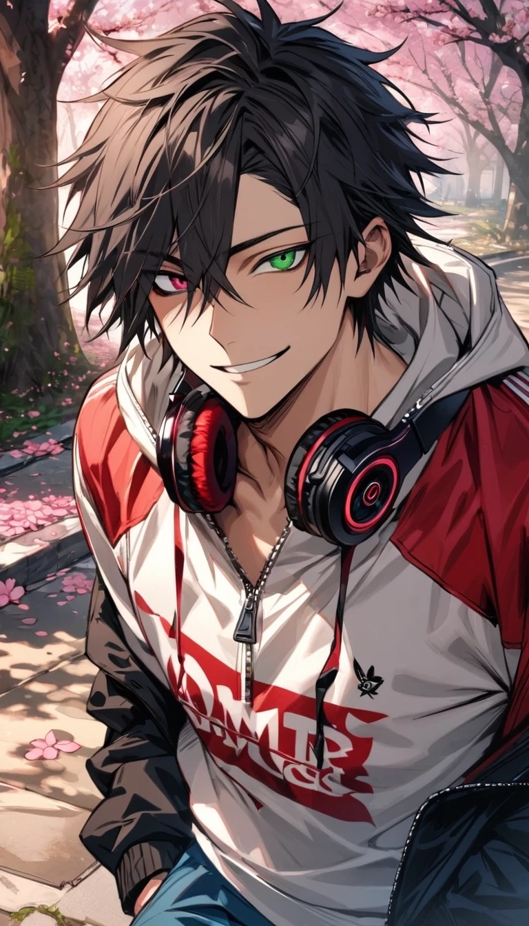 absurdres, highres, ultra detailed, HDR, master piece, best quality, Yamada Ichiro, chin length black hair, Hypnosis Mic, heterochromia, right eye is red, left eye is green, a white hoodie with two zippers, red varsity jacket, red headphones around his neck, blue pants, solo, sexy man, handsome, smile, spring, blossoms, trees, pink petals, pink butterflies