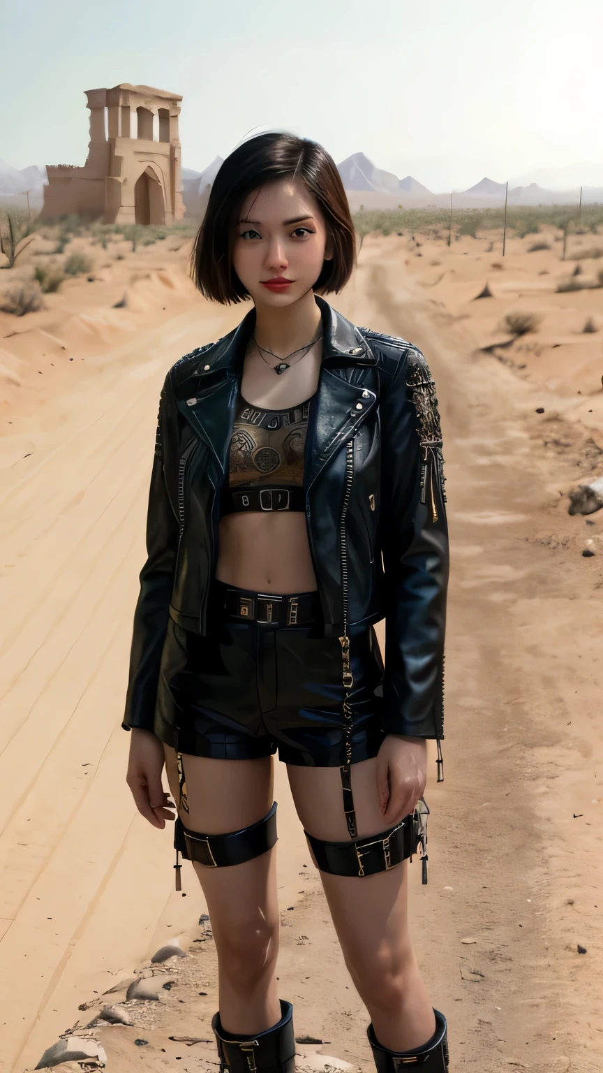 Portrait of a young and beautiful Asian girl in a science fiction setting, among complex background punk elements reminiscent of Fallout's world. The scene is futuristic and post-apocalyptic, showcasing intricate details in best quality. This masterpiece presents the girl, standing tall and proud from head to toe, against ancient city ruins in the arid desert backdrop. Her eyes scatter defiance and determination, with vast, intriguing landscapes in the periphery. wearing, black leather jacket and leather short pant with layers of intricate metallic textures and harnesses accentuating her form.