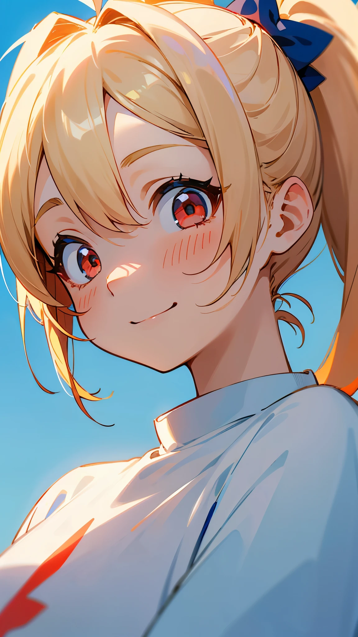 1 Girl、Blonde ponytail、Ahoge、Big round red eyes、Sky blue solid color background, pure blue background, Dark blue background, Warm Tones, Warm Light, Healing Line、White T-shirt, smile, 楽しそうにsmile, Upper body close-up, Anime Style、Head close-up