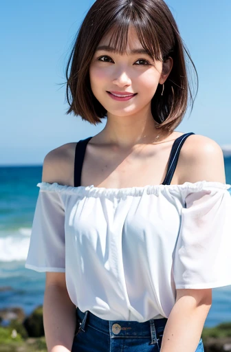 Captured by a professional photographer, high quality, Realistic, Best image quality:1.3, RAW Photos, Amateur models, Accurate skeleton, Attention to detail, 30 years old, Japanese women,Beach, (White blouse:1.2, hot pants:1.2),Off the shoulder, barefoot, Looking at the camera:1.1, look at the person you like, Gentle expression, Thighs are visible, Warm sunshine,Detailed eyes, smile:0.5