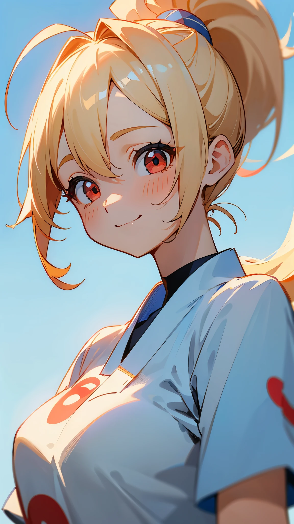 1 Girl、Blonde ponytail、Ahoge、Big round red eyes、Sky blue solid color background, pure blue background, Dark blue background, Warm Tones, Warm Light, Healing Line、White T-shirt, smile, 楽しそうにsmile, Upper body close-up, Anime Style、Head close-up