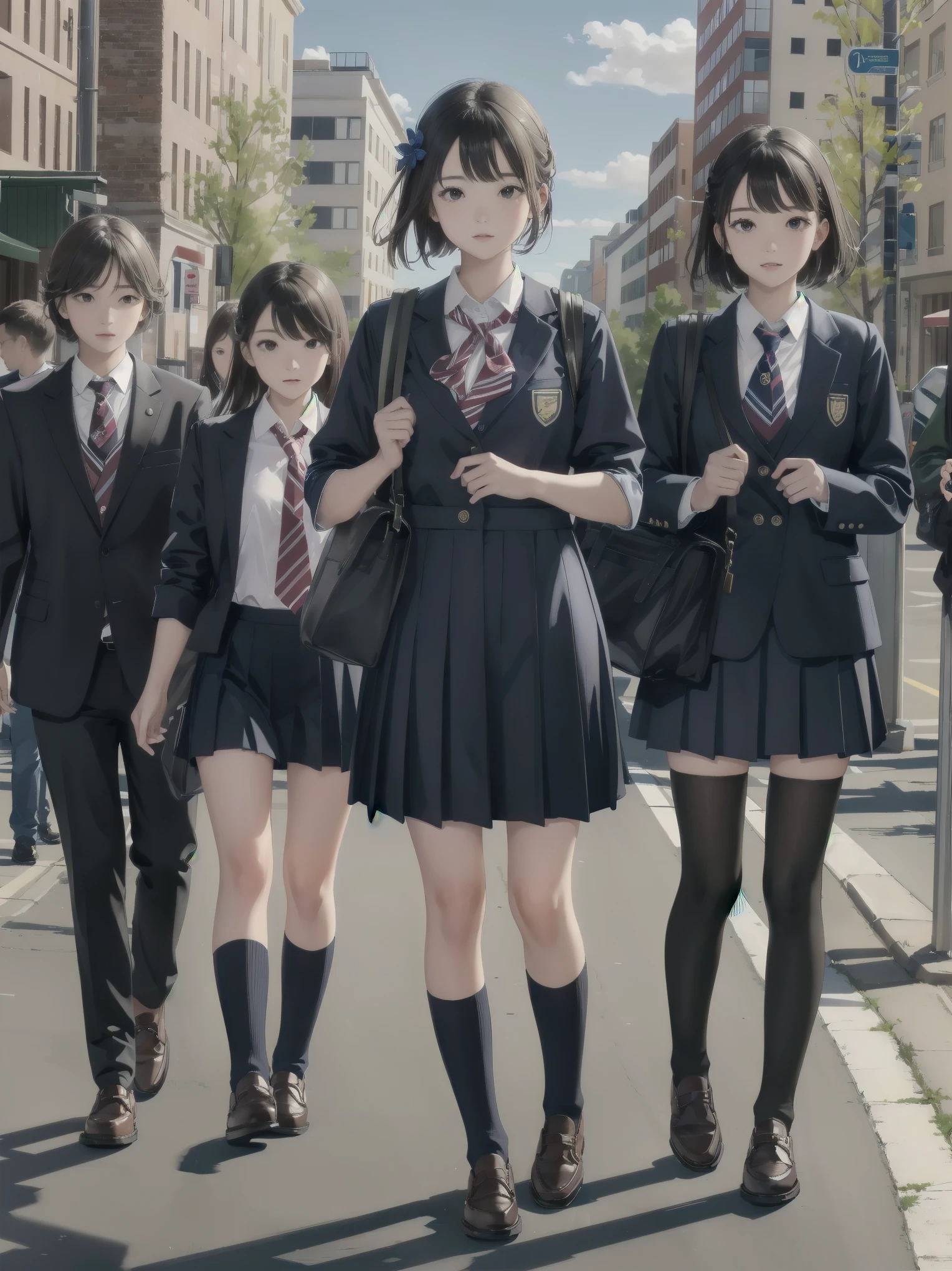 One girl, spring, high school, , warm colours, schoolbag, accurate and very detailed background, crowd of schoolgirls in uniform with various body shapes and hairstyles, cute.
