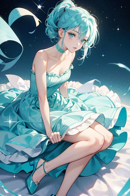 She is a  aquamarine  with a light teal dorsal fin. She wears a light purple dress and red shoes. In her older appearances, she had no bags under eyes, her eyes were larger and more sideways oval-shaped, had a more pointed head, had smaller breasts, and lacked shoes. SPARKLE; GLITTER