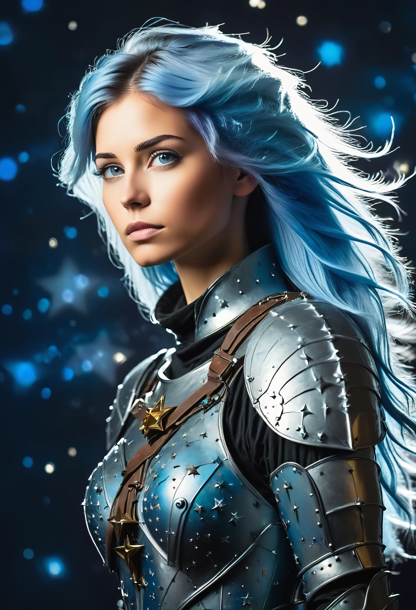 a stylized young caucasian woman warrior ((silhouette)) formed by bright stars. with straight long light blue messy hair. medieval silver armor. Cosmic background.