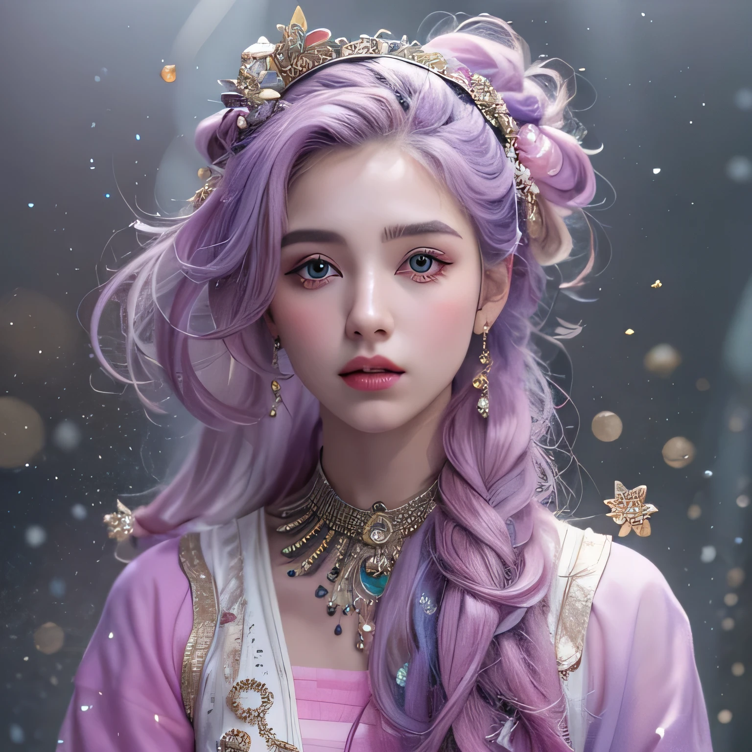 (((Single eyelid)))Snow hoop exclusion area 32K(tmasterpiece,k hd,hyper HD,32K)Long flowing purple-pink hair,Autumn Pond,zydink, a color, Tongzhou people (Girl with glowing eyes), (Thin silk scarf), Side squat position, looking at the ground, long whitr hair, Floating hair, Python headdress, Chinese long-sleeved clothing, (abstract ink splash:1.2), white backgrounid,Lotus protector(realisticlying:1.4),Purple-pink hair,Snowflakes fluttering,The background is pure, A high resolution, the detail, RAW photogr, Sharp Re, Nikon D850 Film Stock Photo by Jefferies Lee 4 Kodak Portra 400 Camera F1.6 shots, Rich colors, ultra-realistic vivid textures, Dramatic lighting, Unreal Engine Art Station Trend, cinestir 800,Long flowing purple-pink hair,((masterpiece)). This artwork is sweet, dreamy and ethereal, with soft pink watercolor hues and candy accents. Generate a delicate and demure fae exploring a (bubblegum world with a wide variety of pastel shades). Her sweet face is extremely detailed and realistic with elegant features and a fierce expression, and looks like ((((naomi scott)))). Include mature features and stunning, highly realistic eyes. Her eyes are important and should be realistic, highly detailed, and beautiful. In high definition and detail, include lots of details like stars, galaxies, colorful bubbles, colorful petals, and lots of energy and emotion! The stars and colorful bubblegum bubbles are important! Include fantasy details, enhanced details, iridescence, colorful glittering wind, and pollen. Pay special attention to her face and make sure it is beautifully and realistically detailed. The image should be dreamy and ethereal.8k, intricate, elegant, highly detailed, majestic, digital photography