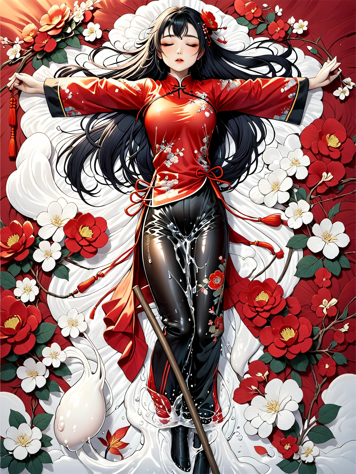 Very beautiful woman in a red tai chi costume with very shiny embroidery and long sleeves、Naked on the cross while fast asleep　ceremony　beautiful makeup　Long black hair　blush　He&#39;s wearing shiny red kung fu pants　Wet pants　White slime on the body