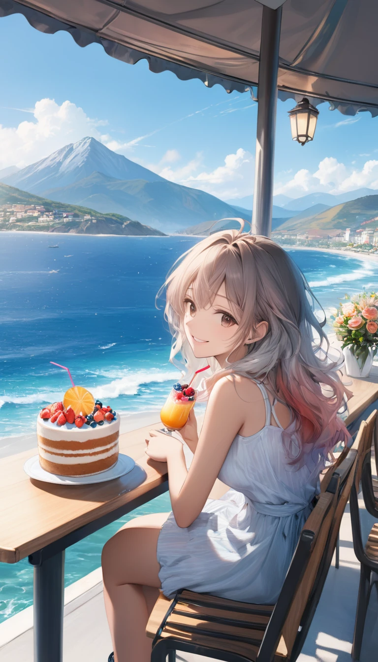 (from side:1.5),(masterpiece:1.2), (best quality),(ultra detailed),(extremely detailed),(absolutely resolution) ,absurdres,8k, 1girl-drinking-fruits-juice, cafeteria-outdoor,sitting, grin, cake, beautiful-landscape-background, mountain, blue-coral-sea, flowers, windy, 
BREAK,  ultra detailed eyes, long hair, messy hair, (gradation hair:2.5), tanktops, skirt,