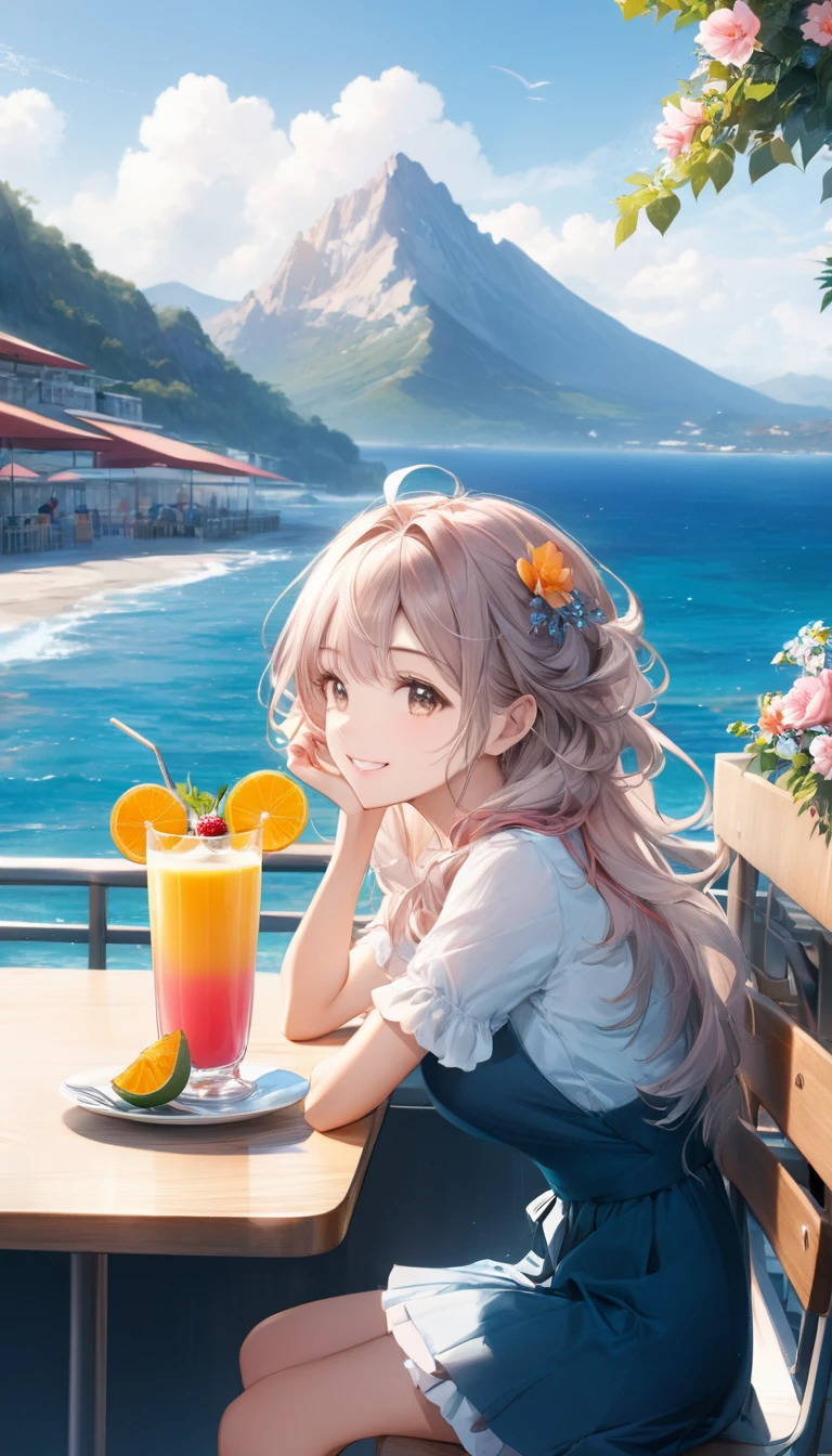 (from side:1.5),(masterpiece:1.2), (best quality),(ultra detailed),(extremely detailed),(absolutely resolution) ,absurdres,8k, 1girl-drinking-fruits-juice, cafeteria-outdoor,sitting, grin, cake, beautiful-landscape-background, mountain, blue-coral-sea, flowers, windy,
BREAK, ultra detailed eyes, long hair, messy hair, (gradation hair:2.5), tanktops, skirt,