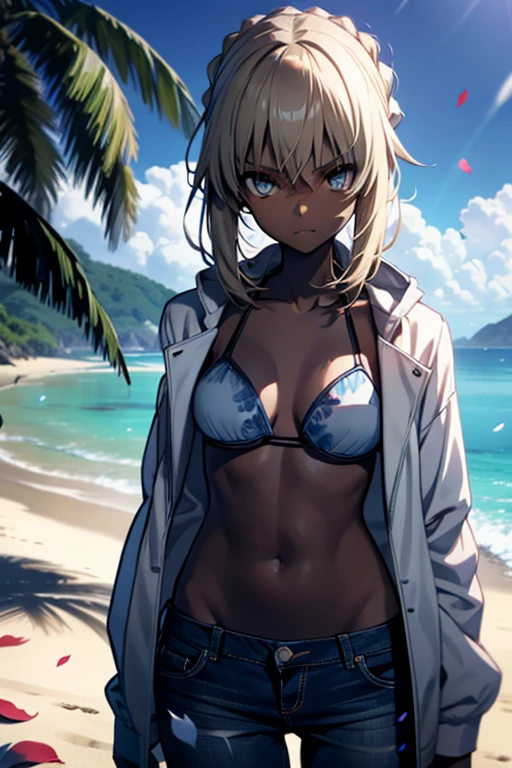 Unbelievably absurd, highest quality, Free Fit, Anime characters, girl, 18-year-old, Improve, Tomboy, Dark Skin, Blonde, Mordred Haircut, blue eyes, White , White panties, Jeans jacket, Happy, Grab a beer on the beach, 4K (Detailed background depicting swirling rose petals in a dark and gloomy atmosphere). CG, Unity, Wallpaper 4K, Very detailed