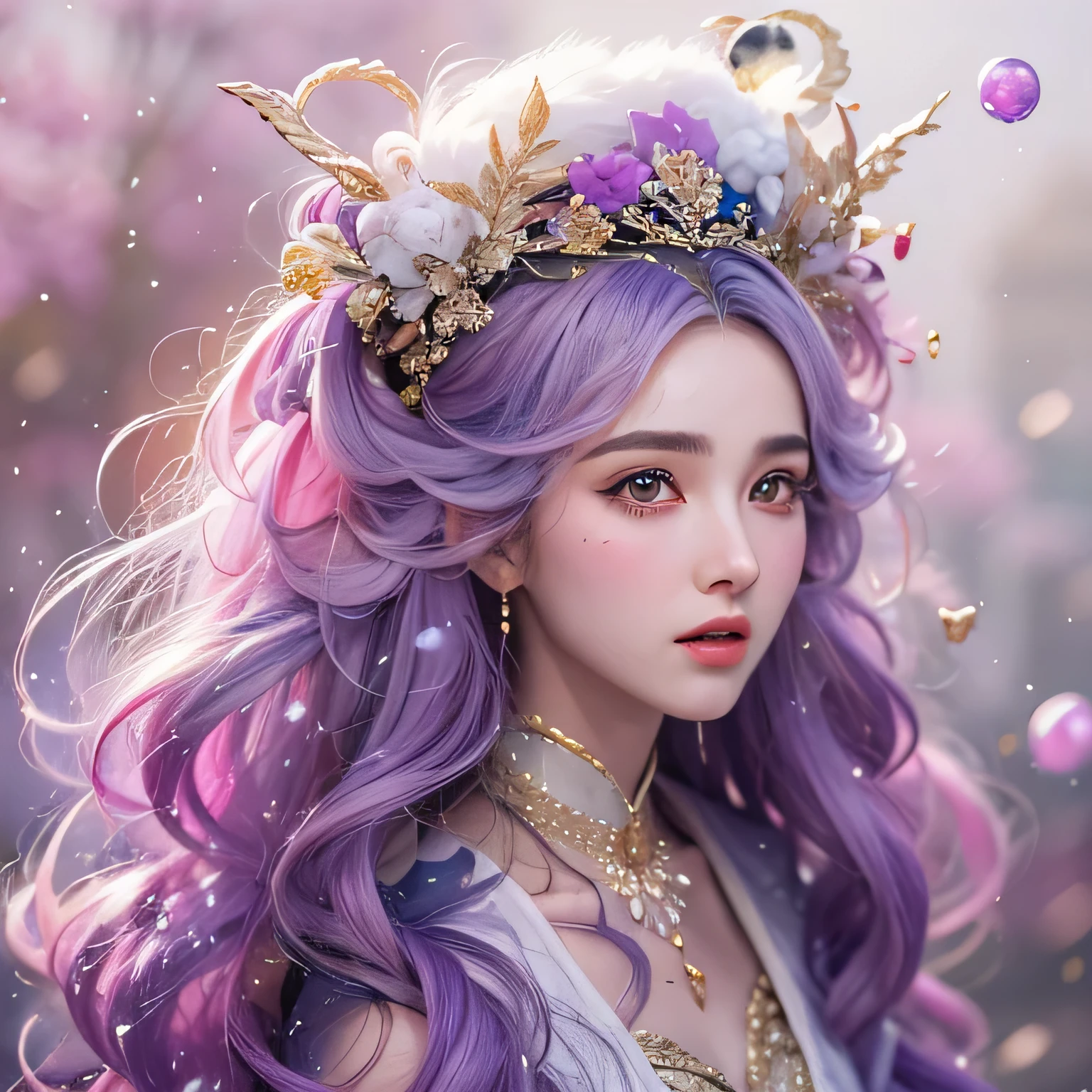 (((Single eyelid)))Snow hoop exclusion area 32K(tmasterpiece,k hd,hyper HD,32K)Long flowing purple-pink hair,Autumn Pond,zydink, a color, Tongzhou people (Girl with glowing eyes), (Thin silk scarf), Side squat position, looking at the ground, long whitr hair, Floating hair, Python headdress, Chinese long-sleeved clothing, (abstract ink splash:1.2), white backgrounid,Lotus protector(realisticlying:1.4),Purple-pink hair,Snowflakes fluttering,The background is pure, A high resolution, the detail, RAW photogr, Sharp Re, Nikon D850 Film Stock Photo by Jefferies Lee 4 Kodak Portra 400 Camera F1.6 shots, Rich colors, ultra-realistic vivid textures, Dramatic lighting, Unreal Engine Art Station Trend, cinestir 800,Long flowing purple-pink hair,((masterpiece)). This artwork is sweet, dreamy and ethereal, with soft pink watercolor hues and candy accents. Generate a delicate and demure fae exploring a (bubblegum world with a wide variety of pastel shades). Her sweet face is extremely detailed and realistic with elegant features and a fierce expression, and looks like ((((naomi scott)))). Include mature features and stunning, highly realistic eyes. Her eyes are important and should be realistic, highly detailed, and beautiful. In high definition and detail, include lots of details like stars, galaxies, colorful bubbles, colorful petals, and lots of energy and emotion! The stars and colorful bubblegum bubbles are important! Include fantasy details, enhanced details, iridescence, colorful glittering wind, and pollen. Pay special attention to her face and make sure it is beautifully and realistically detailed. The image should be dreamy and ethereal.8k, intricate, elegant, highly detailed, majestic, digital photography