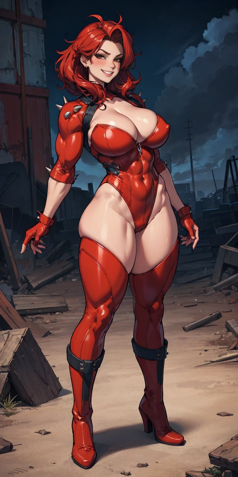 full body standing good face, nice ass, red spiky hair, beautiful woman, wide hips, cleavage, jumpsuit, leotard, heavy boots, apocalypse, muscular, thights, mature woman, abs, looks at the viewer, lustful smirking smile face red blushed red cheeks