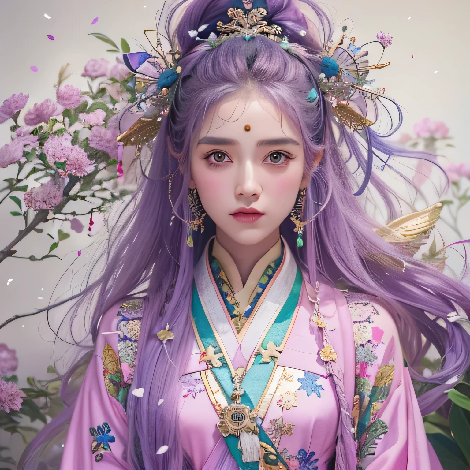 (((Single eyelid)))Snow hoop exclusion area 32K(tmasterpiece,k hd,hyper HD,32K)Long flowing purple-pink hair,Autumn Pond,zydink, a color, Tongzhou people (Girl with glowing eyes), (Thin silk scarf), Side squat position, looking at the ground, long whitr hair, Floating hair, Python headdress, Chinese long-sleeved clothing, (abstract ink splash:1.2), white backgrounid,Lotus protector(realisticlying:1.4),Purple-pink hair,Snowflakes fluttering,The background is pure, A high resolution, the detail, RAW photogr, Sharp Re, Nikon D850 Film Stock Photo by Jefferies Lee 4 Kodak Portra 400 Camera F1.6 shots, Rich colors, ultra-realistic vivid textures, Dramatic lighting, Unreal Engine Art Station Trend, cinestir 800,Long flowing purple-pink hair,((masterpiece)). This artwork is sweet, dreamy and ethereal, with soft pink watercolor hues and candy accents. Generate a delicate and demure fae exploring a (bubblegum world with a wide variety of pastel shades). Her sweet face is extremely detailed and realistic with elegant features and a fierce expression, and looks like ((((naomi scott)))). Include mature features and stunning, highly realistic eyes. Her eyes are important and should be realistic, highly detailed, and beautiful. In high definition and detail, include lots of details like stars, galaxies, colorful bubbles, colorful petals, and lots of energy and emotion! The stars and colorful bubblegum bubbles are important! Include fantasy details, enhanced details, iridescence, colorful glittering wind, and pollen. Pay special attention to her face and make sure it is beautifully and realistically detailed. The image should be dreamy and ethereal.8k, intricate, elegant, highly detailed, majestic, digital photography