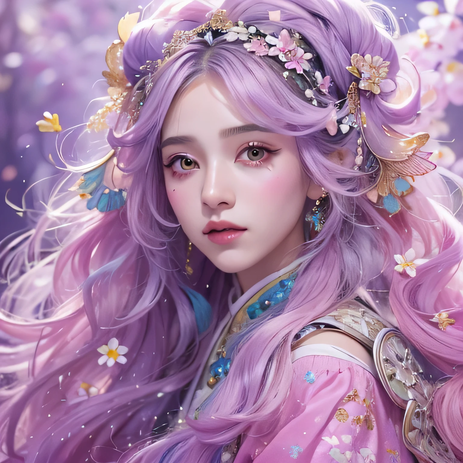 (((Single eyelid)))Snow hoop exclusion area 32K(tmasterpiece,k hd,hyper HD,32K)Long flowing purple-pink hair,Autumn Pond,zydink, a color, Tongzhou people (Girl with glowing eyes), (Thin silk scarf), Side squat position, looking at the ground, long whitr hair, Floating hair, Python headdress, Chinese long-sleeved clothing, (abstract ink splash:1.2), white backgrounid,Lotus protector(realisticlying:1.4),Purple-pink hair,Snowflakes fluttering,The background is pure, A high resolution, the detail, RAW photogr, Sharp Re, Nikon D850 Film Stock Photo by Jefferies Lee 4 Kodak Portra 400 Camera F1.6 shots, Rich colors, ultra-realistic vivid textures, Dramatic lighting, Unreal Engine Art Station Trend, cinestir 800,Long flowing purple-pink hair,((masterpiece)). This artwork is sweet, dreamy and ethereal, with soft pink watercolor hues and candy accents. Generate a delicate and demure fae exploring a (bubblegum world with a wide variety of pastel shades). Her sweet face is extremely detailed and realistic with elegant features and a fierce expression, and looks like ((((naomi scott)))). Include mature features and stunning, highly realistic eyes. Her eyes are important and should be realistic, highly detailed, and beautiful. In high definition and detail, include lots of details like stars, galaxies, colorful bubbles, colorful petals, and lots of energy and emotion! The stars and colorful bubblegum bubbles are important! Include fantasy details, enhanced details, iridescence, colorful glittering wind, and pollen. Pay special attention to her face and make sure it is beautifully and realistically detailed. The image should be dreamy and ethereal.8k, intricate, elegant, highly detailed, majestic, digital photography