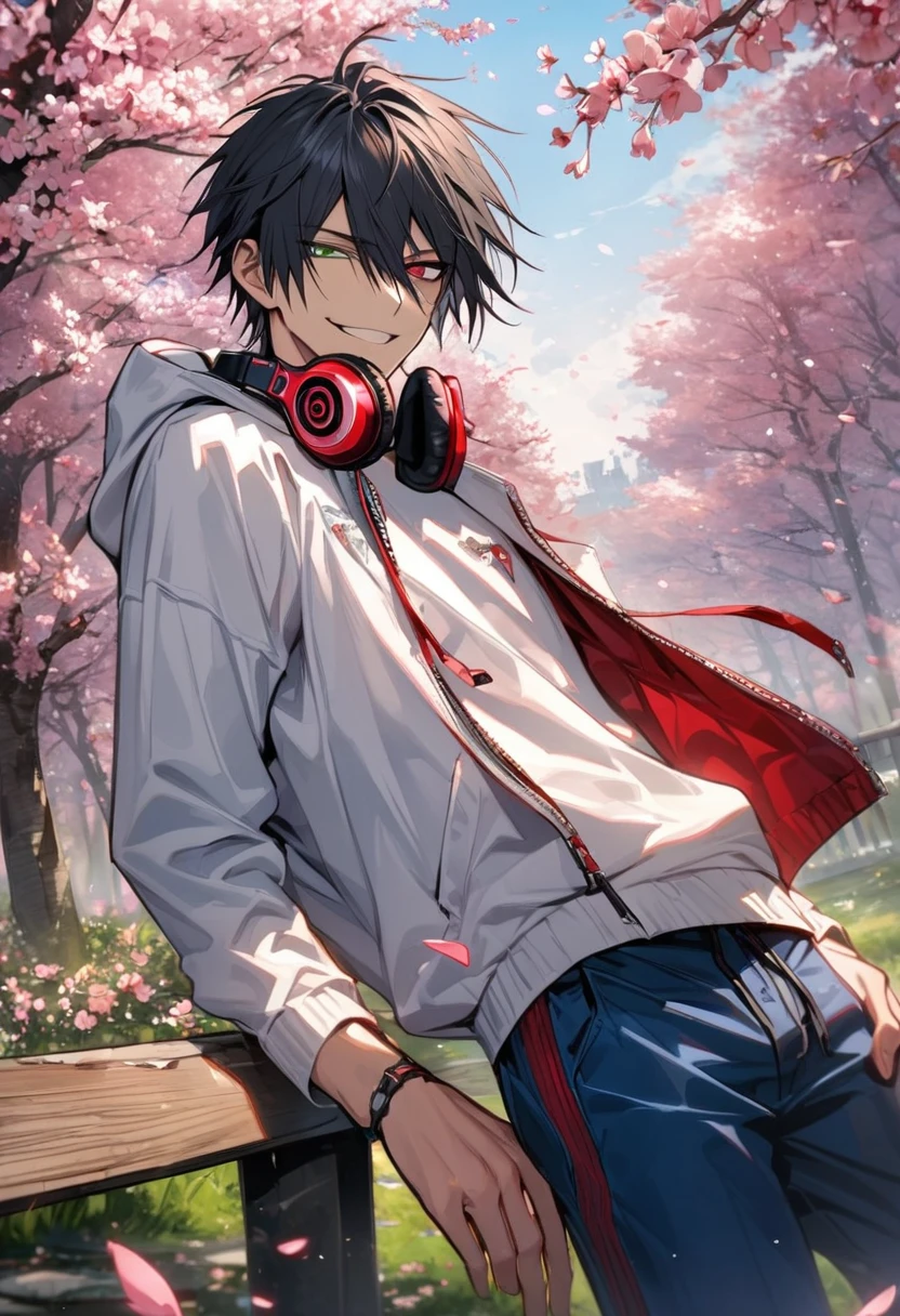absurdres, highres, ultra detailed, HDR, master piece, best quality, Yamada Ichiro, chin length black hair, Hypnosis Mic, heterochromia, right eye is red, left eye is green, a white hoodie with two zippers, red varsity jacket, red headphones around his neck, blue pants, solo, sexy man, handsome, smile, spring, blossoms, trees, pink petals, pink butterflies