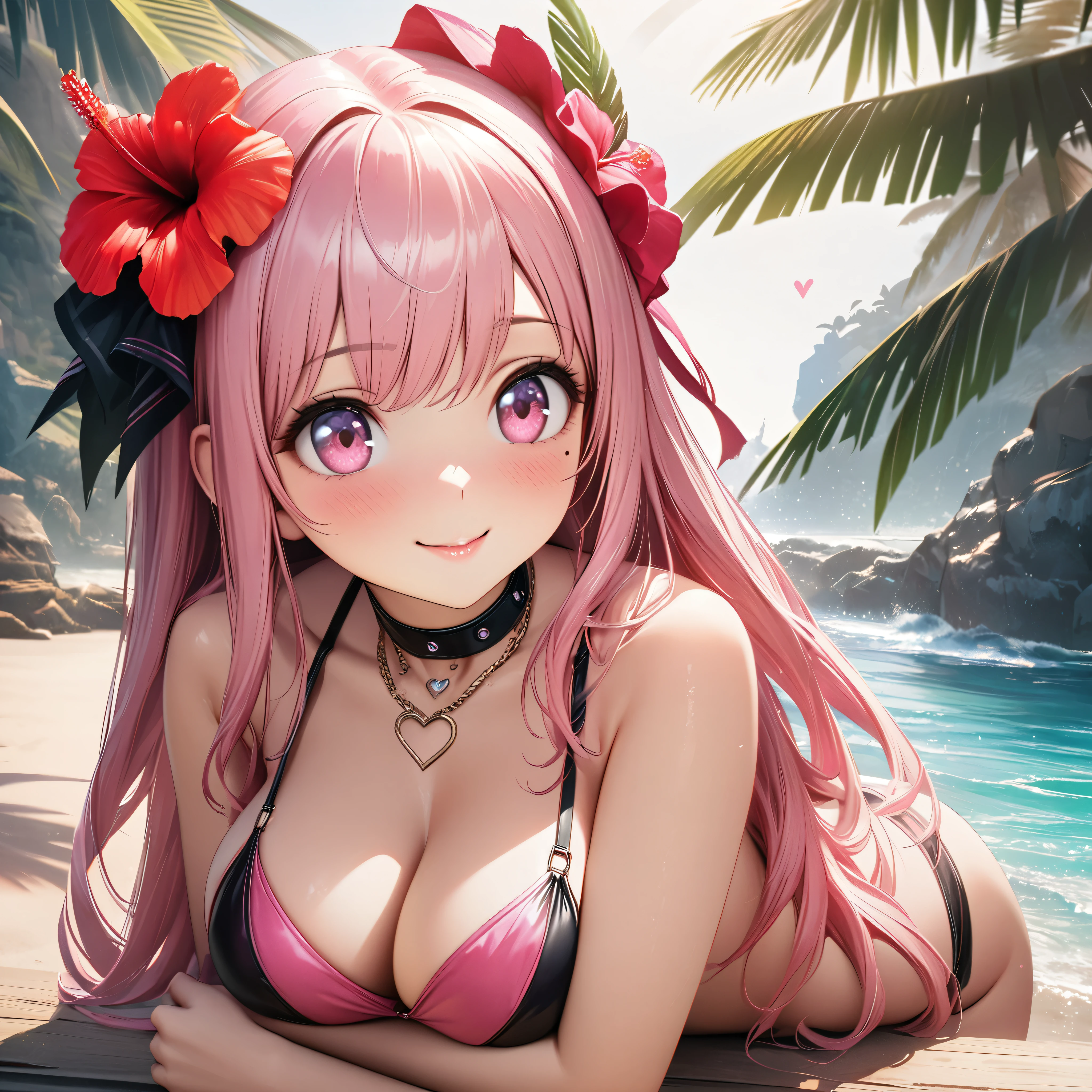 masterpiece, highest quality, Very detailed, High resolution, An expensive solution, High resolution, 4K, 8k, unity 8k wallpaper, Very detailed CG, masterpiece, Realistic、 Beautiful details, depth, Fine texture, highest quality: 1.3, Total concentration, Crisp skin, he, Very cute anime, Cute like an idol, expensive pink long hair, One Girl,bikini、Big Breasts、Sandy Beach、Ocean 、Palm tree、Tropical Juice、 Hibiscus Hair Accessories, smile、long pink hair, whole body, Mole under the eye, Line Sight, expensive, blush, Lips parted, heart, Pink Eyes, choker