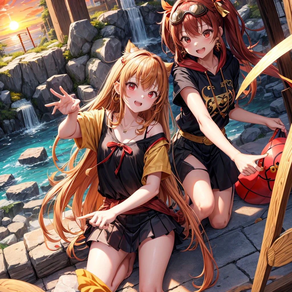 Brown, red, gold, golden hair、Red eyes、One good looking girl、solo、anime、Checkered mini skirt、Black camisole、Black T-shirt、hoodie、Wearing a ribbon、Ribbon on waist、Crystal Earrings、treasure石のネックレス、Light and shadow、Tilting face、Teeth are visible、waterfall、Kuroko、treasure、wearing goggles on head、Feather coat、tunnel、pylon、Sunset sky