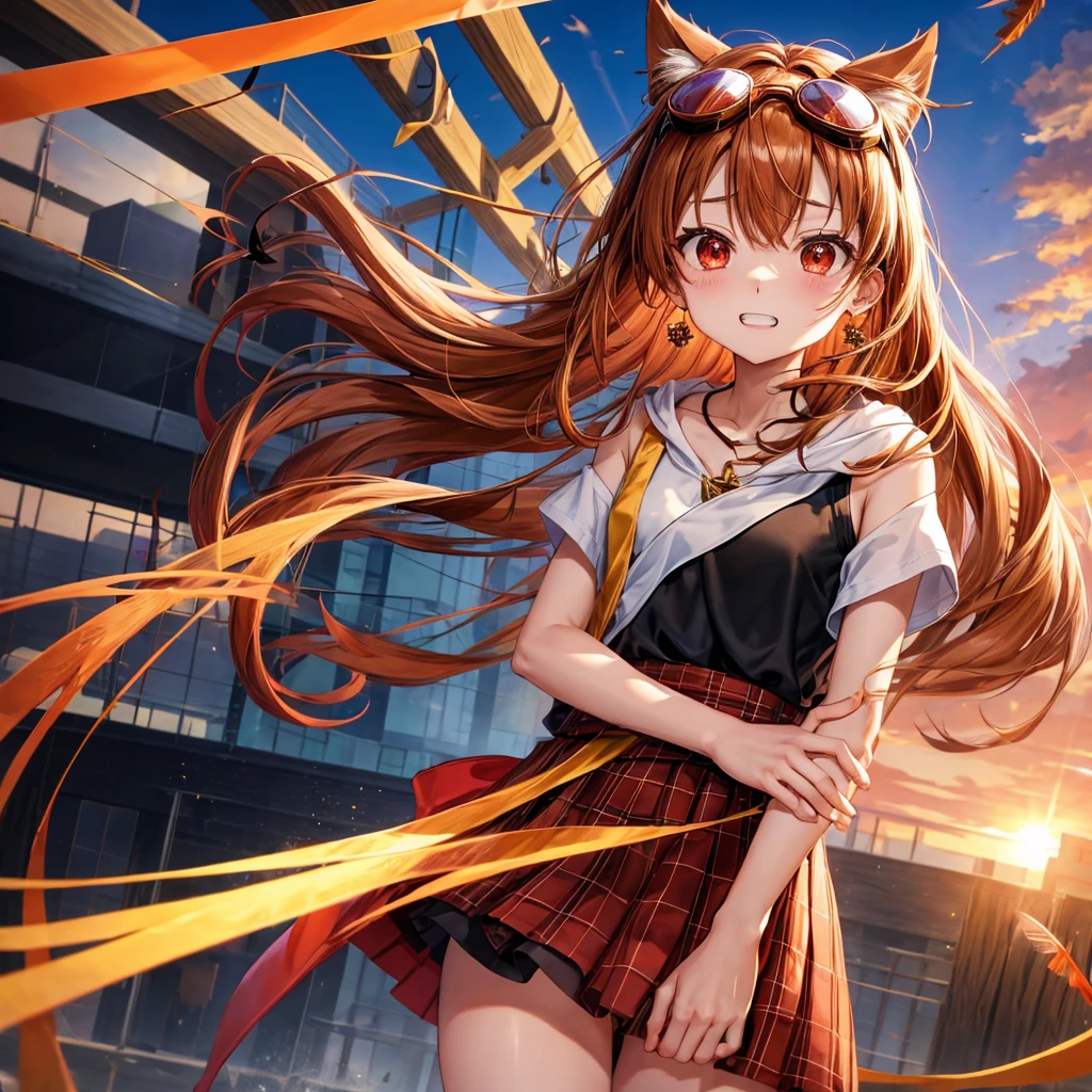 Brown, red, gold, golden hair、Red eyes、One good looking girl、solo、anime、Checkered mini skirt、Black camisole、Black T-shirt、hoodie、Wearing a ribbon、Ribbon on waist、Crystal Earrings、treasure石のネックレス、Light and shadow、Tilting face、Teeth are visible、waterfall、Kuroko、treasure、wearing goggles on head、Feather coat、tunnel、pylon、Sunset sky