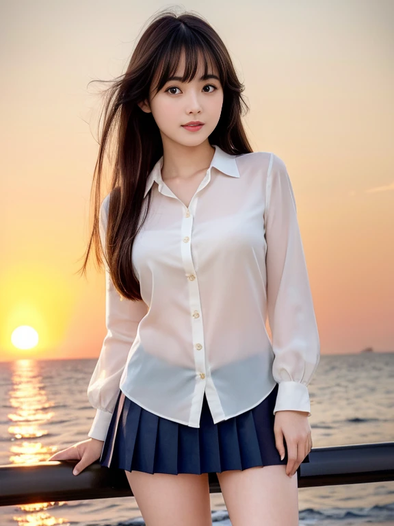 (highest quality, High resolution, Tabletop :1.3), (Shooting from below), high school girl、Wearing 、、Japanese women,(whole body)、24-years-old、Wearing a miniskirt、Healthy thighs、Even bangs、 Very beautiful face, Beautiful girls, Beautiful realistic face,Beautiful woman, Orange sunset sky, Sun and clouds with ocean in the background, her hair is black、I have a long hairstyle。. She is wearing a white blouse and a navy pleated skirt, Stand with your feet wide apart, Blushing, looking at the camera, Dynamic photography