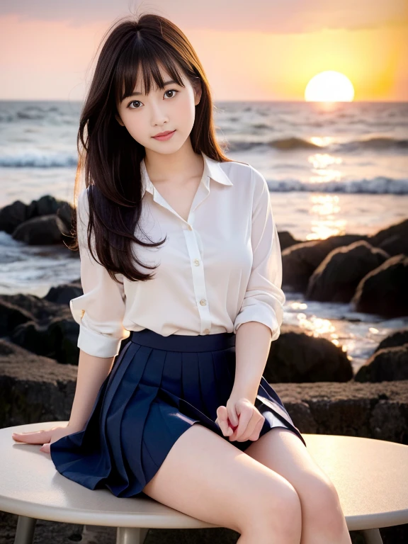 (highest quality, High resolution, Tabletop :1.3), (Shooting from below), high school girl、Wearing 、、Japanese women,(whole body)、24-years-old、Wearing a miniskirt、Healthy thighs、Even bangs、 Very beautiful face, Beautiful girls, Beautiful realistic face,Beautiful woman, Orange sunset sky, Sun and clouds with ocean in the background, her hair is black、I have a long hairstyle。. She is wearing a white blouse and a navy pleated skirt, Stand with your feet wide apart, Blushing, looking at the camera, Dynamic photography