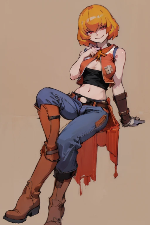 ((highest quality)), ((masterpiece)), (be familiar with),Clementine,Overload,{{nsfw}},Sleeveless shirt,pants,Bewitching Smile,whole body,boots