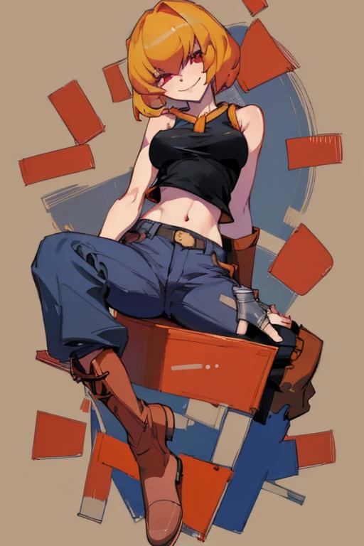 ((highest quality)), ((masterpiece)), (be familiar with),Clementine,Overload,{{nsfw}},Sleeveless shirt,pants,Bewitching Smile,whole body,boots