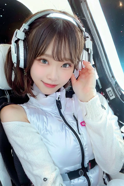 High resolution, highest quality, Perfect dynamic composition, Beautiful details, Off the shoulder、Shiny Hair、Medium Hair, Natural color lip, university student、Harajuku、smile、(headphone),(headphone),(astrovest):3,(black sleeves):5,inside spacestation,inside spacecraft,,zero gravity,smile,open leg,blush:1.5,hidden hands,neotech