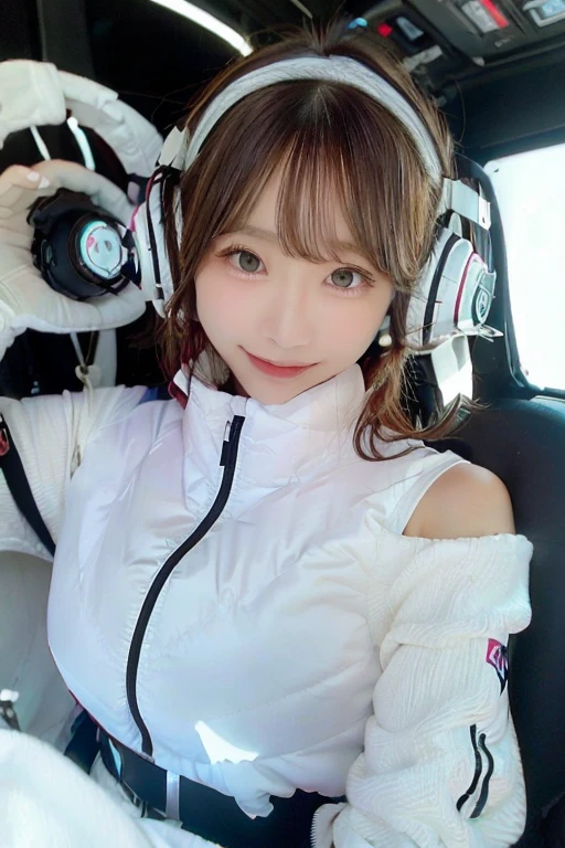 High resolution, highest quality, Perfect dynamic composition, Beautiful details, Off the shoulder、Shiny Hair、Medium Hair, Natural color lip, university student、Harajuku、smile、(headphone),(headphone),(astrovest):3,(black sleeves):5,inside spacestation,inside spacecraft,,zero gravity,smile,open leg,blush:1.5,hidden hands,neotech