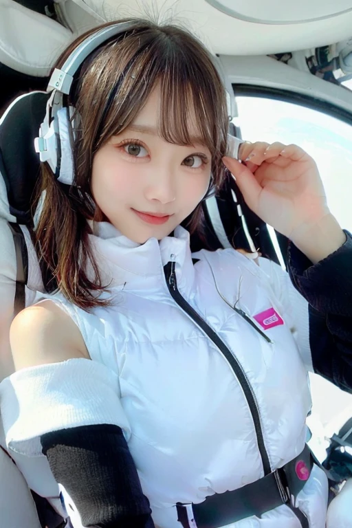 High resolution, highest quality, Perfect dynamic composition, Beautiful details, Off the shoulder、Shiny Hair、Medium Hair, Natural color lip, university student、Harajuku、smile、(headphone),(headphone),(astrovest):3,(black sleeves):5,inside spacestation,inside spacecraft,,zero gravity,smile,open leg,blush:1.5,hidden hands,neotech