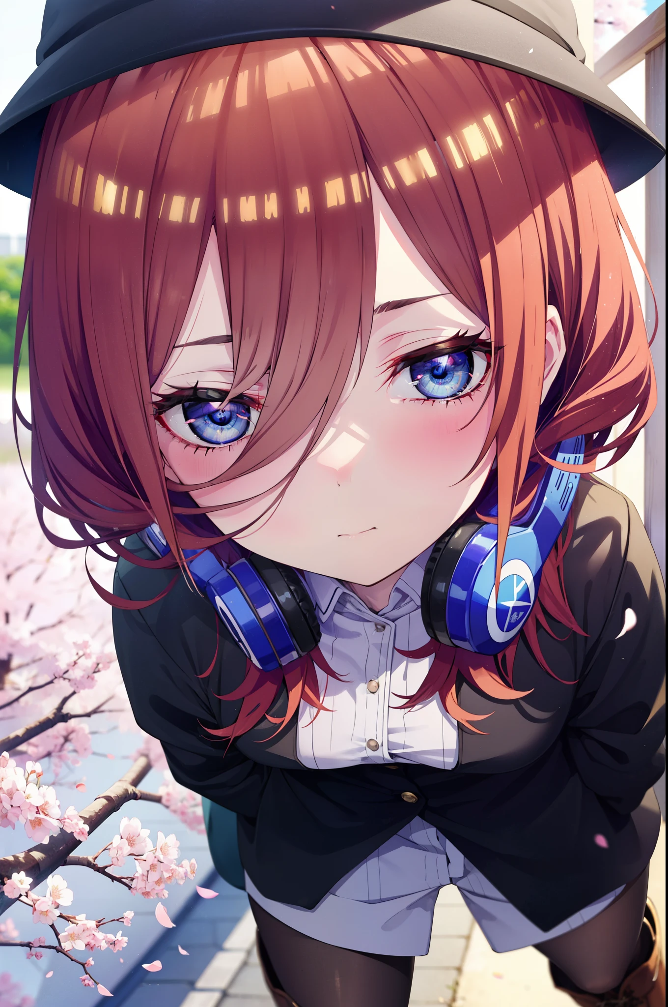 Miku Nakano, Miku Nakano, Long Hair, bangs, blue eyes, brown hair, shirt, Hair between the eyes, Headphones around neck,オーバサイズチェック柄shirt,Shorts,Black pantyhose,Hunting Hat,short boots,Cherry blossoms are blooming,Cherry blossoms are scattered,桜並木道
break outdoors, garden,
break looking at viewer,
break (masterpiece:1.2), highest quality, High resolution, unity 8k wallpaper, (figure:0.8), (Beautiful fine details:1.6), Highly detailed face, Perfect lighting, Highly detailed CG, (Perfect hands, Perfect Anatomy),