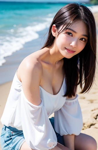 Captured by a professional photographer, high quality, Realistic, Best image quality:1.3, RAW Photos, Amateur models, Accurate skeleton, Attention to detail, 30 years old, Japanese women,Beach, (White blouse:1.2, hot pants:1.2),Off the shoulder, barefoot, Looking at the camera:1.1, look at the person you like, Gentle expression, Thighs are visible, Warm sunshine,Detailed eyes, smile:0.2, Cleavage:0.2, Medium chest,