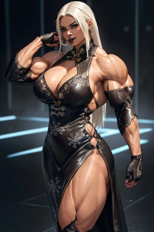 (((((Massive tall, beautiful, buff, brown skinned muscular woman with white hair, black lipstick, ginormous muscles, wearing a beautiful black leather Cheongsam dress adorned with intricate snowflake designs))))), close view, (massive muscle), massive biceps, hyper muscle shoulders, massive muscle arms, vascular shoulders, hyper muscle triceps, (long straight hair), blue eyes, choker, (long sleeved gloves), high heels, (in a dance club), confident smile, night, hyper vascular arm, hyper muscles arms, hyper muscle legs, (massive arms).