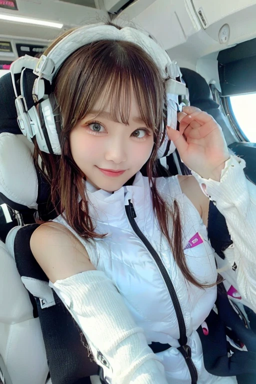 High resolution, highest quality, Perfect dynamic composition, Beautiful details, Off the shoulder、Shiny Hair、Medium Hair, Natural color lip, university student、Harajuku、smile、(headphone),(headset),(astrovest):3,(black sleeves):5,inside spacestation,inside spacecraft,,zero gravity,smile,open leg,blush:1.5,hidden hands,neotech