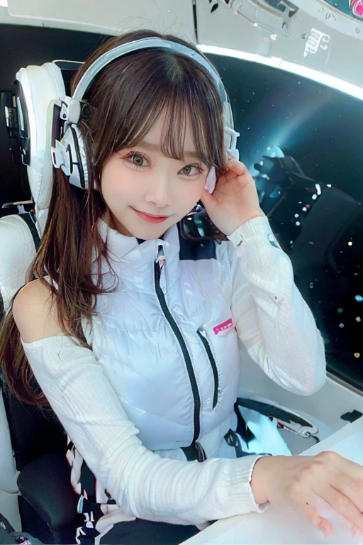 High resolution, highest quality, Perfect dynamic composition, Beautiful details, Off the shoulder、Shiny Hair、Medium Hair, Natural color lip, university student、Harajuku、smile、(headphone),(headset),(astrovest):3,(black sleeves):5,inside spacestation,inside spacecraft,,zero gravity,smile,open leg,blush:1.5,hidden hands,neotech