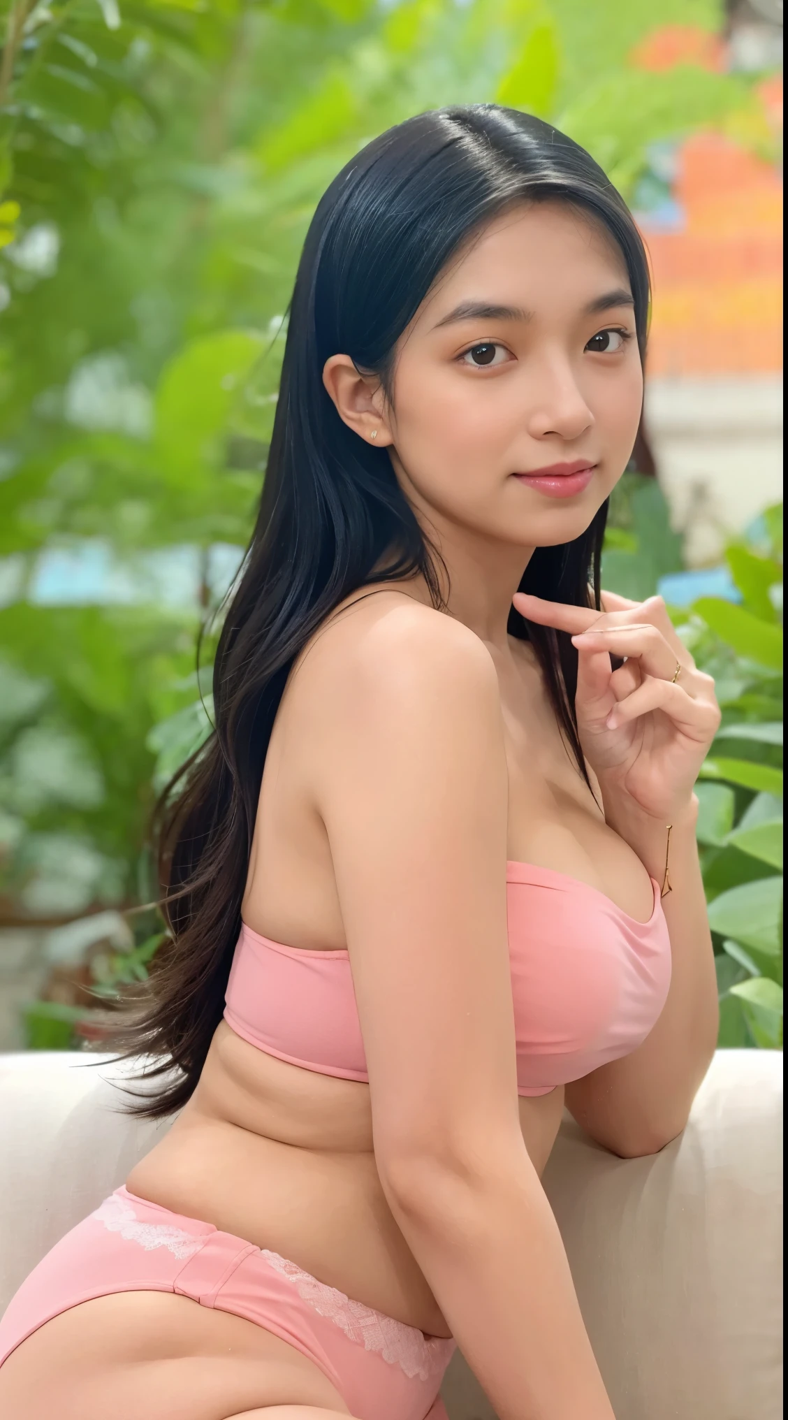 Vogue style side view photo shoot of malay 20years old young woman ((doing hand bra, bringing her chest together)), with pastel colored background in Wes Anderson style, detail skin texture, detailed face, saggy breast, dark , camel toe, heavy big breast, big round ass, wide hips, thick thighs, beer belly, curvy, view from side, hyper - realistic photography, Wes Anderson style, full body, 8k, close - up shot, extreme close - up photo, ((looking at viewer)), shiny wavy black hair