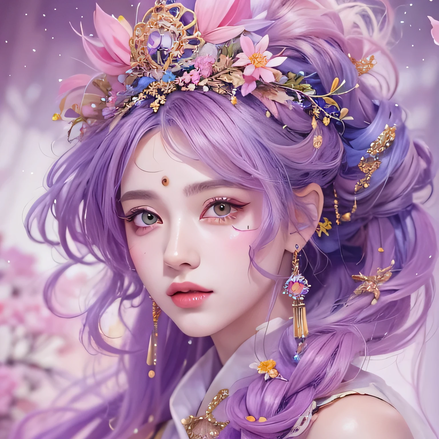 (((Single eyelid)))Snow hoop exclusion area 32K(tmasterpiece,k hd,hyper HD,32K)Long flowing purple-pink hair,Autumn Pond,zydink, a color, Tongzhou people (Girl with glowing eyes), (Thin silk scarf), Side squat position, looking at the ground, long whitr hair, Floating hair, Python headdress, Chinese long-sleeved clothing, (abstract ink splash:1.2), white backgrounid,Lotus protector(realisticlying:1.4),Purple-pink hair,Snowflakes fluttering,The background is pure, A high resolution, the detail, RAW photogr, Sharp Re, Nikon D850 Film Stock Photo by Jefferies Lee 4 Kodak Portra 400 Camera F1.6 shots, Rich colors, ultra-realistic vivid textures, Dramatic lighting, Unreal Engine Art Station Trend, cinestir 800,Long flowing purple-pink hair,((masterpiece)). This artwork is sweet, dreamy and ethereal, with soft pink watercolor hues and candy accents. Generate a delicate and demure fae exploring a (bubblegum world with a wide variety of pastel shades). Her sweet face is extremely detailed and realistic with elegant features and a fierce expression, and looks like ((((naomi scott)))). Include mature features and stunning, highly realistic eyes. Her eyes are important and should be realistic, highly detailed, and beautiful. In high definition and detail, include lots of details like stars, galaxies, colorful bubbles, colorful petals, and lots of energy and emotion! The stars and colorful bubblegum bubbles are important! Include fantasy details, enhanced details, iridescence, colorful glittering wind, and pollen. Pay special attention to her face and make sure it is beautifully and realistically detailed. The image should be dreamy and ethereal.8k, intricate, elegant, highly detailed, majestic, digital photography