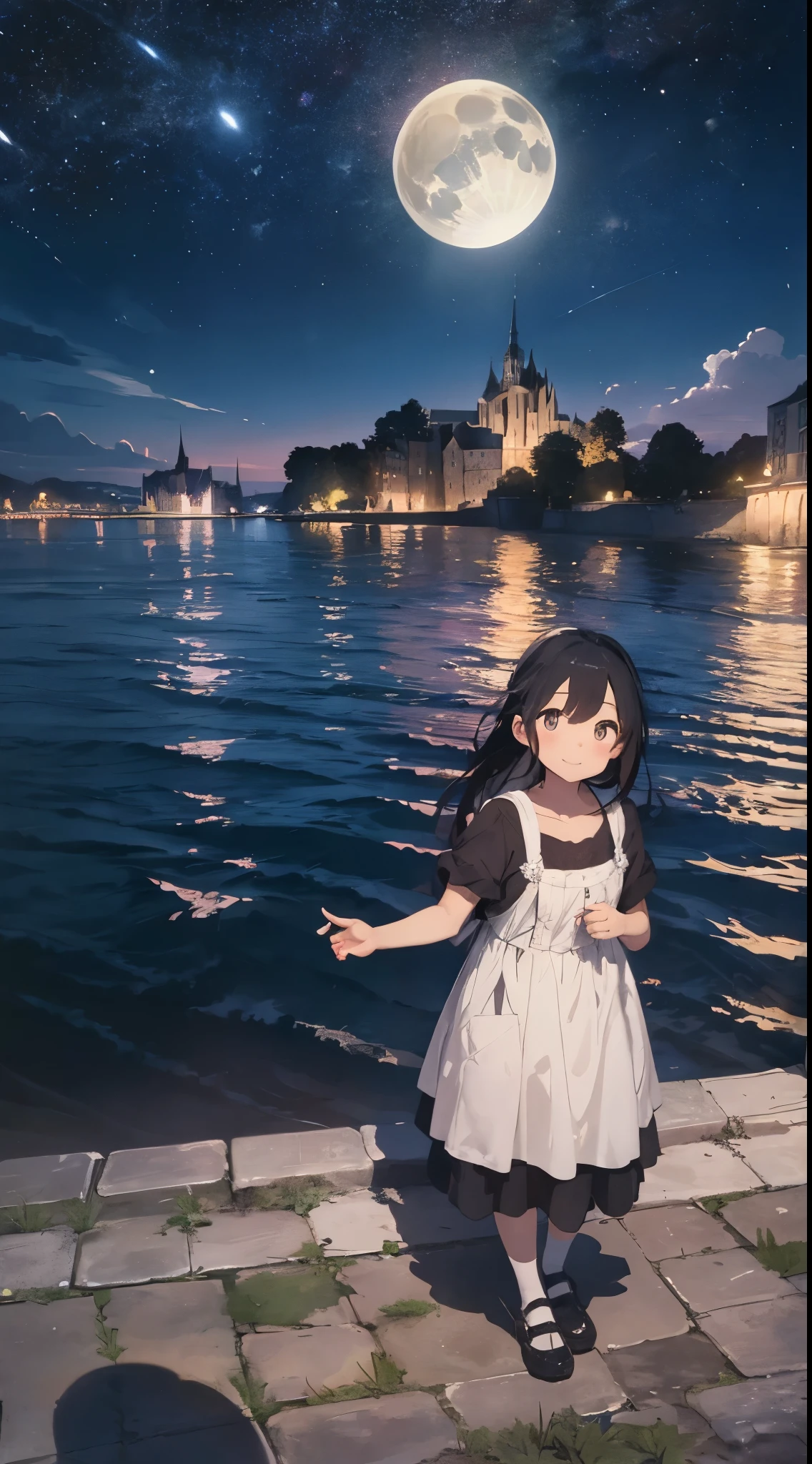 Create a masterpiece image set in Mont Saint-Michel and its bay at night with a smile and focus。The scene is enveloped in the soft glow of moonlight、Cast long shadows、Illuminate the ancient architecture of the monastery。This girl is beautiful and adorable。She was exploring the historic site, wide-eyed in surprise。 She wears traditional costume and、The fabric is painted with maximum realism.、Different textures are emphasized。Her skin is also rendered in great detail、Captures subtle changes in texture and color。 The bay around her is calm and、The surface of the water plays the role of a mirror、It reflects the moonlight and the silhouette of Mont Saint-Michel。Delicately depicting the reflection of the water surface、Captures subtle ripples and play of light。 The girl was looking up at the camera curiously.、Gives the impression that the viewer is looking down on her。This sense of perspective is、It can be achieved using the fisheye effect to distort the image to create a wide panoramic or hemispherical view。 The overall quality of the image must be of the highest standard、Emphasis on enhancing the quality of details。The final artwork is、With the innocence of the girl、Mont Saint-Michel and its timeless beauty at night will be a celebration of the bay。