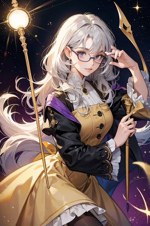 She is a yellow-beige with a light gray puffy hair. She wears a dark purple dress and carries a black cane with a silver bottom. She also wears glasses. In her older appearances, the lenses of her glasses had a black outline instead of its default dark teal outline. SPARKLE; GLITTER