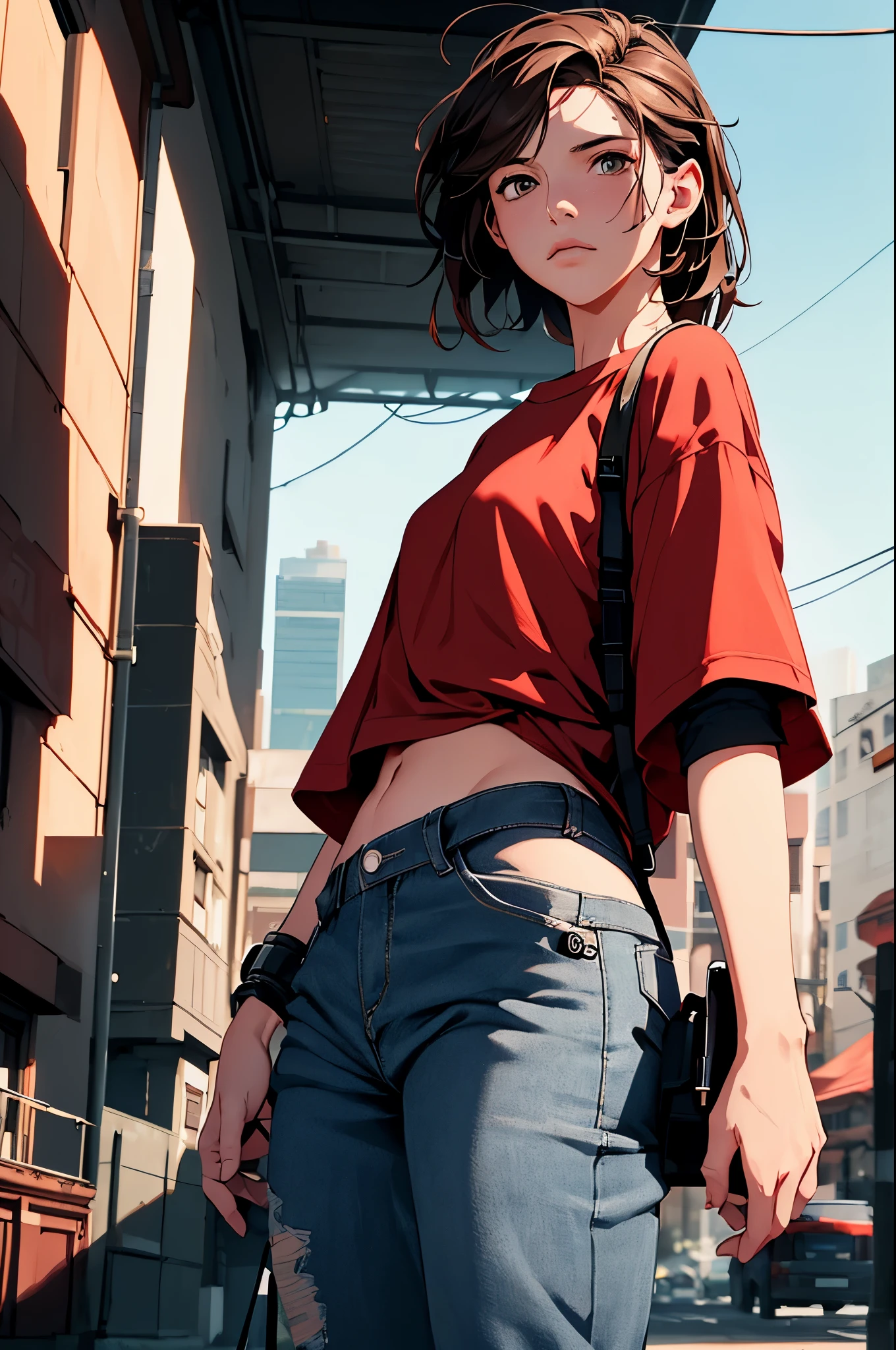 NSFW, Masterpiece 1.4 Top Image 4K Ellie The Last Of Us Brown Hair Red Shirt Dark Blue Pants Rendering In An Apocalyptic City Showing Panties Ultra Realistic 4K Wallpaper, EnvyBetterHands LoCon.