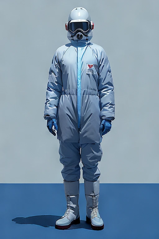 full body image, (ultra detailed,ultra high res,detailed background),((2D)),((flat color)),((muted color)), 1solo, looking at viewer, white hazmat suit, (big red galoshes), plush collar, full body image, square helmet, ((smokey blue background)), ((apocalyptic city)), entire body in frame, 