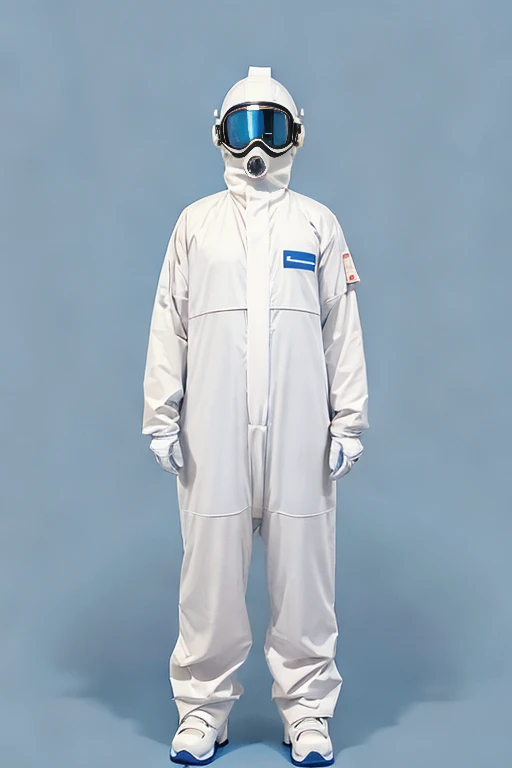 full body image, (ultra detailed,ultra high res,detailed background),((2D)),((flat color)),((muted color)), 1solo, looking at viewer, white hazmat suit, (big red galoshes), plush collar, full body image, square helmet, ((smokey blue background)), ((apocalyptic city)), entire body in frame, 