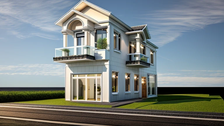 exterior house, contemporary style, white wall, wood wall, wood door, glass window, (realistic:1.2), Masterpiece, high quality, best quality, authentic, super detail, outdoors,road,pavement, grass, trees, sky, cloud, (daylight:1.1)
