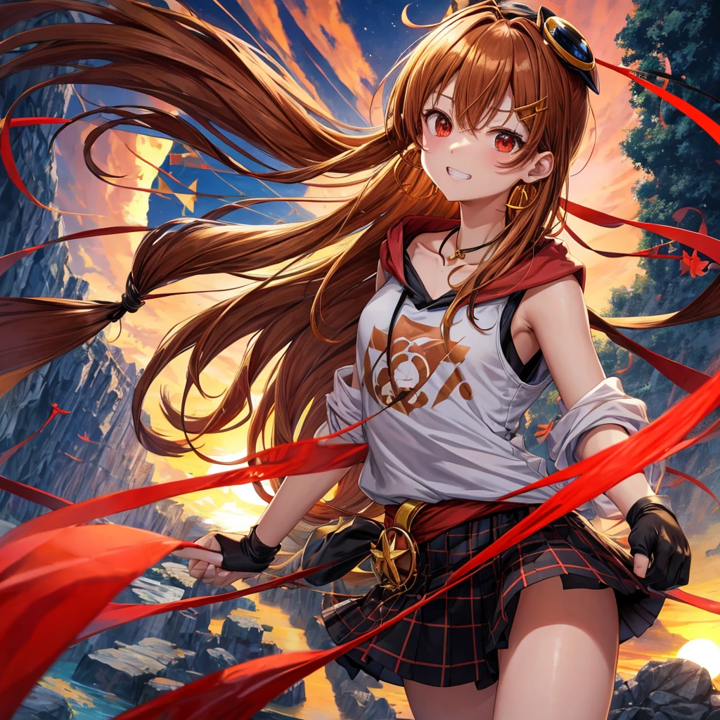 Brown, red, gold, golden hair、Red eyes、One good looking girl、solo、anime、Checkered mini skirt、Black camisole、Black T-shirt、hoodie、Wearing a ribbon、Ribbon on waist、Crystal Earrings、treasure石のネックレス、Light and shadow、Tilting face、Teeth are visible、waterfall、Kuroko、treasure、wearing goggles on head、Feather coat、tunnel、pylon、Sunset sky